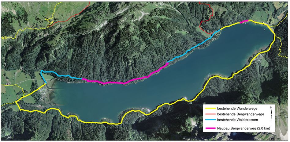 Zur Komplettierung eines Rund-Bergwanderweges um den Klöntalersee fehlen noch Teilstücke von insgesamt rund 2 Kilometern (pink eingezeichnet). Zur Klassifizierung: Der gesamte Rundweg soll aufgrund des Geländes als Bergwanderweg (rot-weiss-rot) klassifiziert werden. (zvg)
