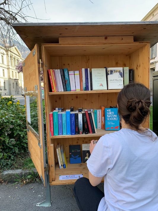 Eva-Maria Kreis beim Einräumen der Bücherbox beim Spielhof (Bild:: Kaj Weibel)