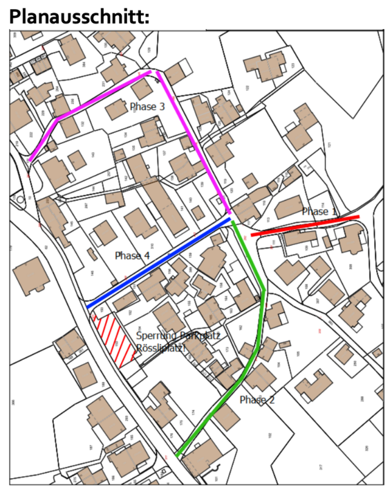 Planlegende: Die Strassen- und Werkleitungssanierung in Hätzingen erfolgt in vier Etappen. Baustart ist am 13. März 2023.