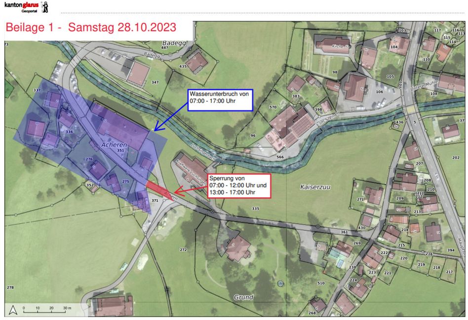 Dieser Plan zeigt den Standort der Strassensperrung und der vom Wasserunterbruch betroffenen Liegenschaften auf.