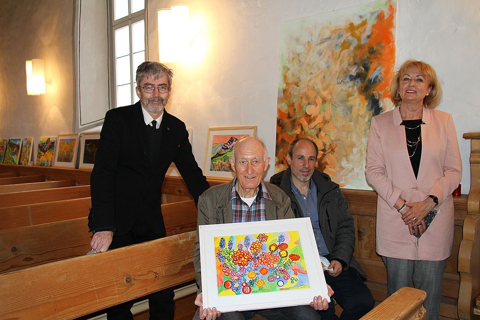 Die Protagonisten (von links): Pfarrer Beat E. Wüthrich, This Baumgartner, Allam Fakhour und Brigitte Baumgartner-Büsser in der Matter Kirche. (Bilder mb)