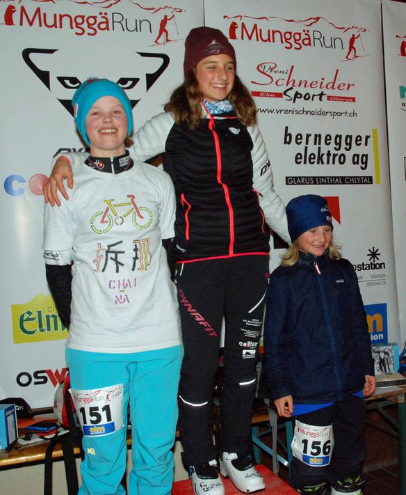 Die drei Erstplatzierten der Kategorie Damen Junioren: In der Mitte die Siegerin Salina Schwoerer mit Meret Künzle (2. Rang) und Alegra Schwoerer (3. Rang