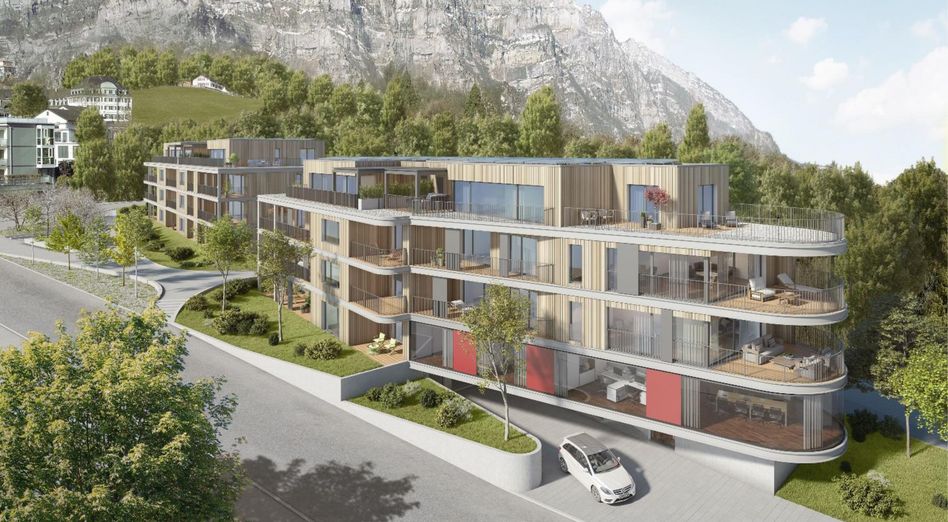 Visualisierung-Laerche.pdf: Wuchtiges Ja der Generalversammlung 2021: Das Projekt «Lärche» mit 24 Wohnungen an der Schützenhaus-/Feldstrasse in Glarus geht in die nächste Phase. (zvg)