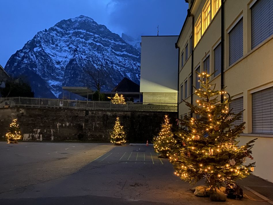 Weihnachtsbäume und Fensterbeleuchtung an der Schule Netstal (Bilder: zvg)