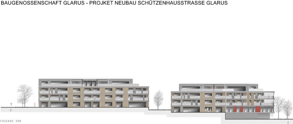 Preisgünstige Genossenschaftswohnungen an guter Lage: Gut 20 Wohnungen plant die Baugenossenschaft Glarus an der Schützenhausstrasse in Glarus (Visualisierung der Fassade Süd).