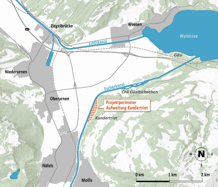 Im Kundertriet ist eine neue Aufweitung geplant, während weiter flusssabwärts in der Aufweitung Chli Gäsitschachen Geschiebe entnommen wird. (Bild: zvg)