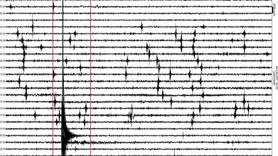 Ein 24-Stunden-Seismogramm zeigt das Erdbeben von Linthal vom 6. März 2017 mit einer Magnitude von 4,6 auf der Richterskala mit Epizentrum im Kanton Schwyz • (Quelle: Observatorium Montsevelier, Val Terbi)