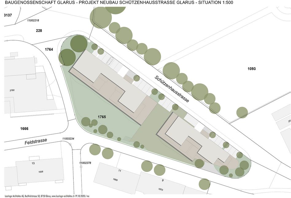 Viel Grünraum und viel Platz für die Mieterinnen und Mieter: Grundrissvisualisierung des Projekts Neubau Schützenhausstrasse Glarus (Stand Oktober 2020).