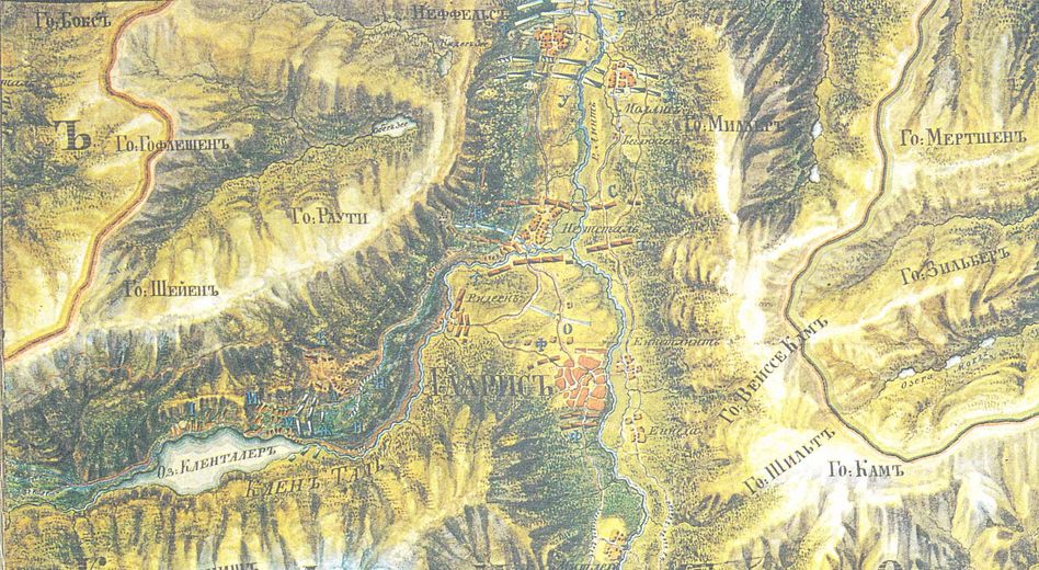 Kartenausschnitt aus dem Suworow-Atlas mit der Frontlinie in Netstal