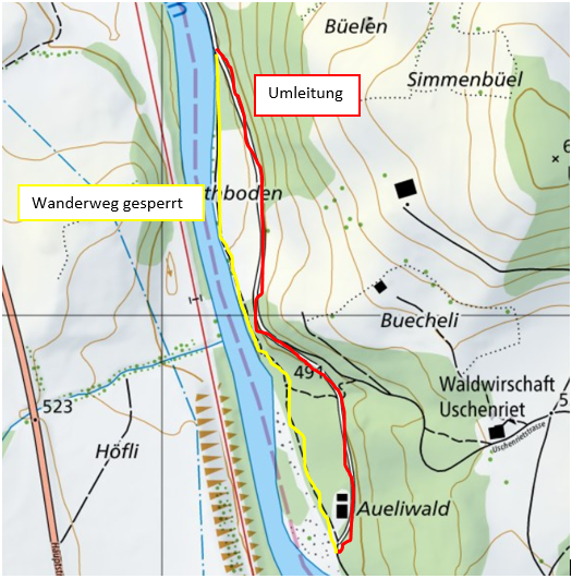 Kartenausschnitt zur Umleitung des Wanderwegs (Bild: zvg)