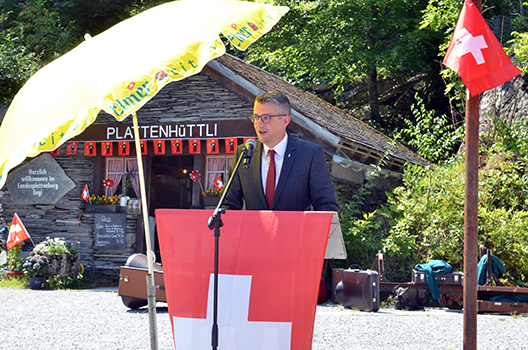 Regierungsrat Benjamin Mühlemann hielt die 1.-August-Rede auf dem Landesplattenberg. (Bilder: jhuber)