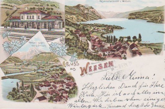 120 Jahre alt ist diese fein kolorierte Ansichtskarte von Weesen. Sie vermittelt auf drei Bildern viel Information zum Thema: die klassische Ansicht Richtung See